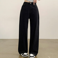 【SHORT/BASIC/LONG 丈別】ハイウエストワイドデニムパンツ6色 BLACK