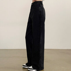 【SHORT/BASIC/LONG 丈別】ハイウエストワイドデニムパンツ6色 BLACK