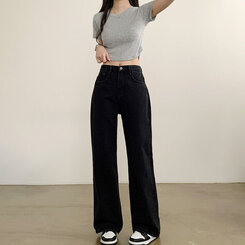 【SHORT/BASIC/LONG 丈別】ハイウエストワイドデニムパンツ6色 BLACK