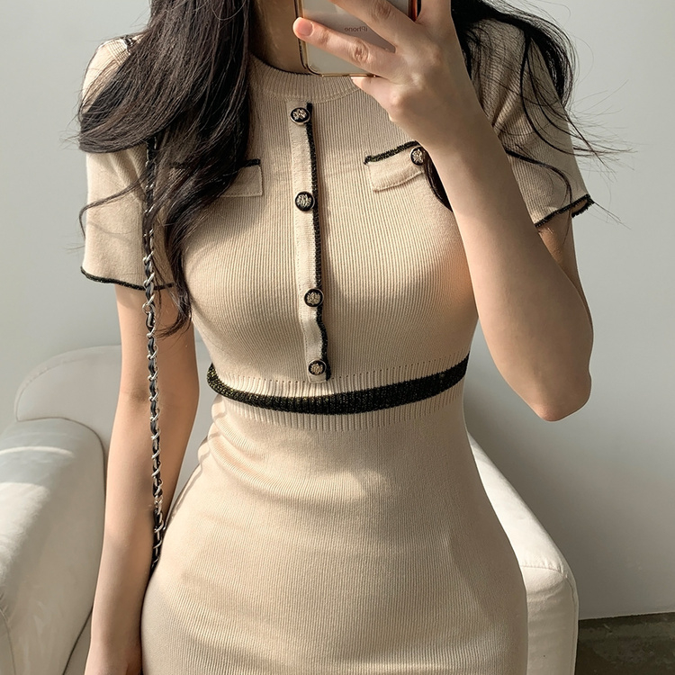 ミニワンピース 配色ニット半袖ワンピース BEIGE
