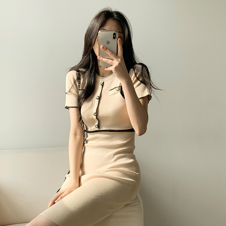 ミニワンピース 配色ニット半袖ワンピース BEIGE