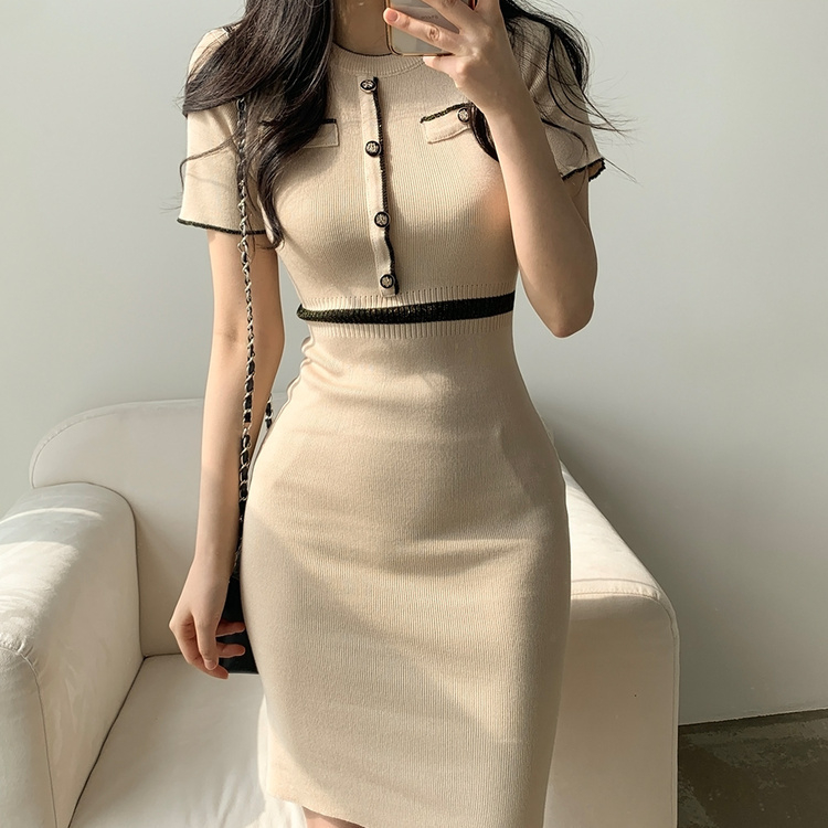 ミニワンピース 配色ニット半袖ワンピース BEIGE