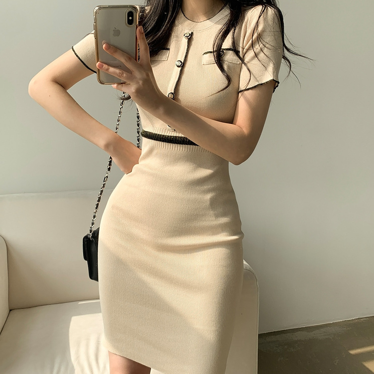 ミニワンピース 配色ニット半袖ワンピース BEIGE