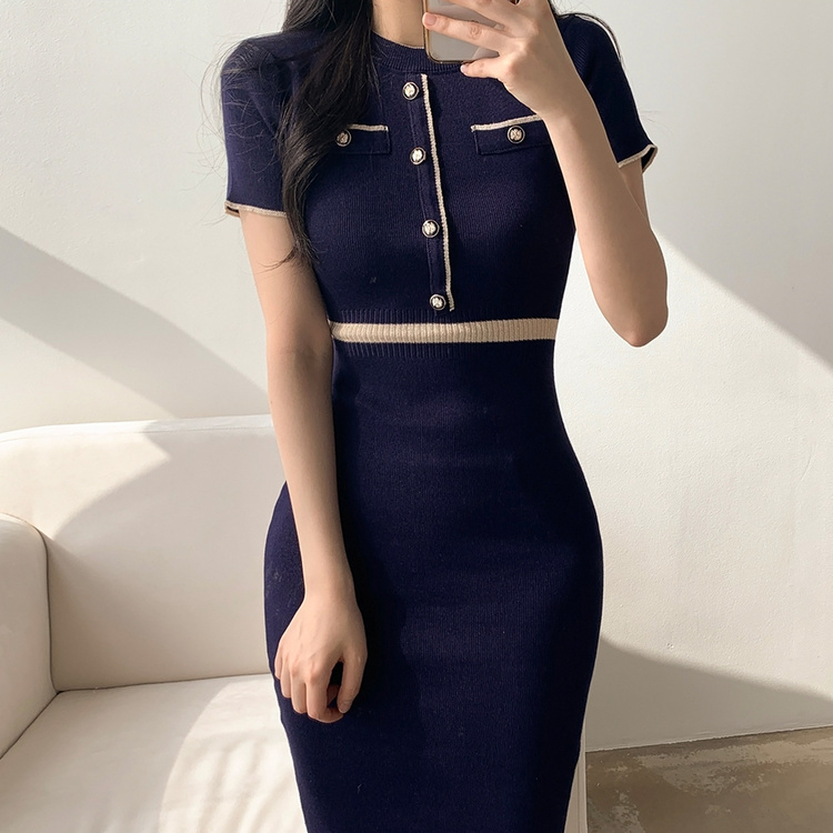 配色ニット半袖ワンピース VIOLET