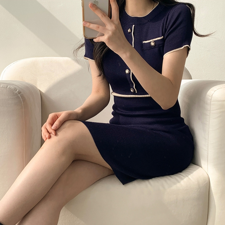 配色ニット半袖ワンピース VIOLET