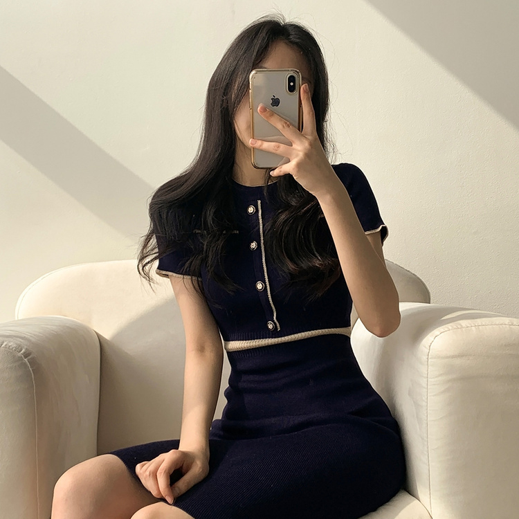 配色ニット半袖ワンピース VIOLET