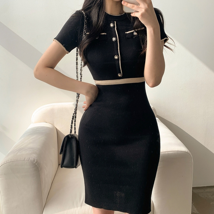 配色ニット半袖ワンピース BLACK