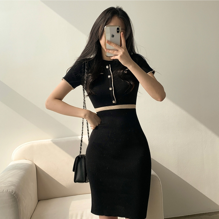 配色ニット半袖ワンピース BLACK