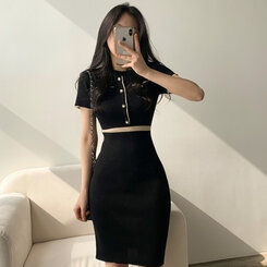 ミニワンピース 配色ニット半袖ワンピース BLACK