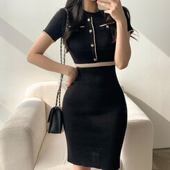 ミニワンピース 配色ニット半袖ワンピース BLACK