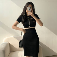 ミニワンピース 配色ニット半袖ワンピース BLACK