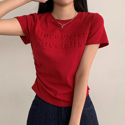 半袖Tシャツ サイドシャーリングクロップ半袖Tシャツ RED
