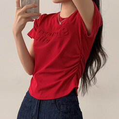 半袖Tシャツ サイドシャーリングクロップ半袖Tシャツ RED