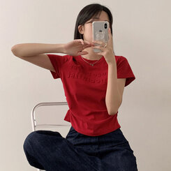 半袖Tシャツ サイドシャーリングクロップ半袖Tシャツ RED