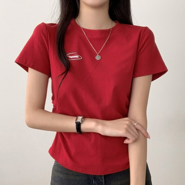 半袖Tシャツ サイドシャーリングクロップ半袖Tシャツ5色 RED