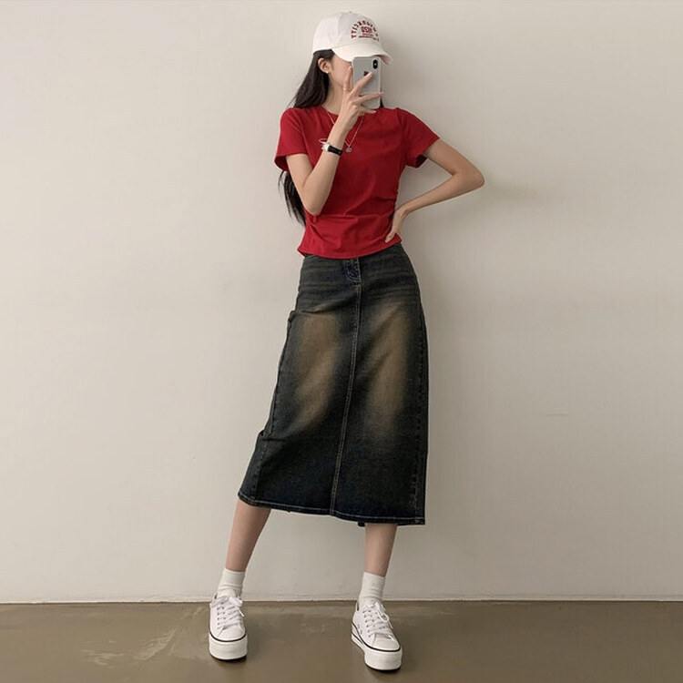 サイドシャーリングクロップ半袖Tシャツ５色 RED