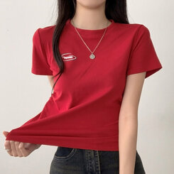 半袖Tシャツ サイドシャーリングクロップ半袖Tシャツ5色 RED
