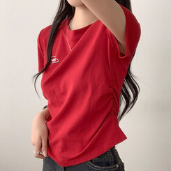 半袖Tシャツ サイドシャーリングクロップ半袖Tシャツ5色 RED