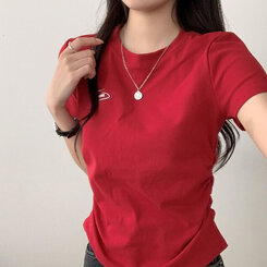 半袖Tシャツ サイドシャーリングクロップ半袖Tシャツ5色 RED