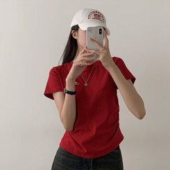 半袖Tシャツ サイドシャーリングクロップ半袖Tシャツ5色 RED