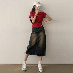 半袖Tシャツ サイドシャーリングクロップ半袖Tシャツ5色 RED