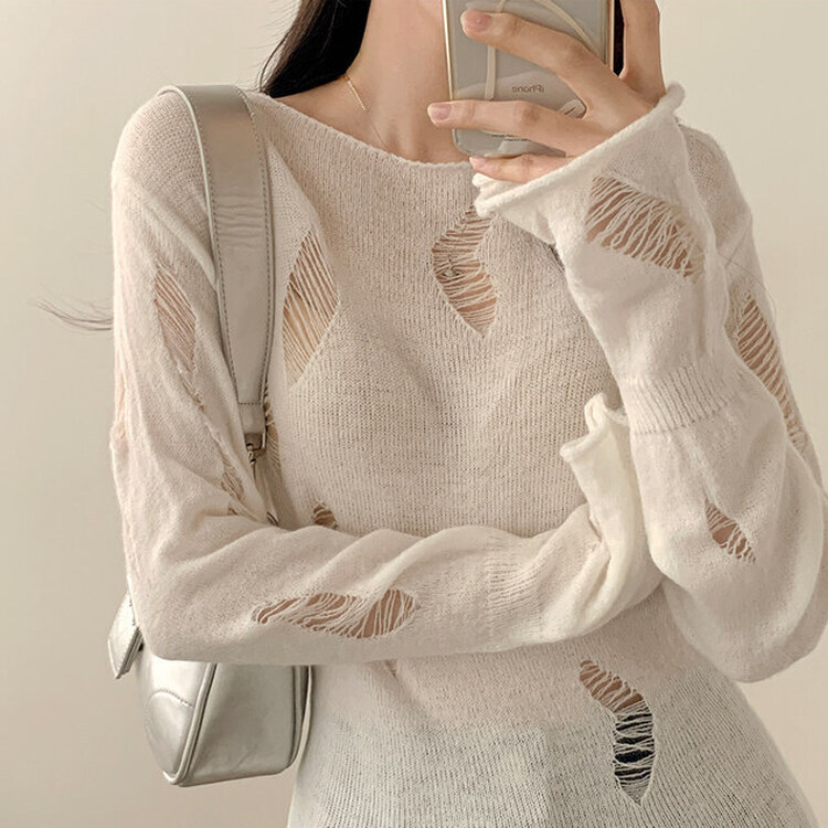 アンバランススリットスリムダメージニット IVORY