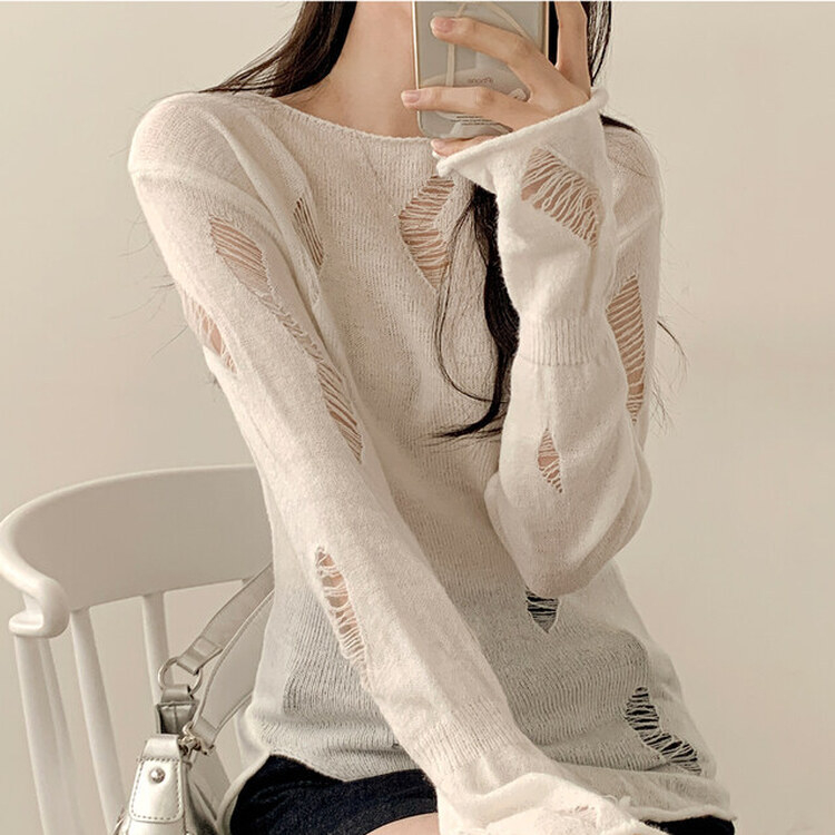 アンバランススリットスリムダメージニット IVORY