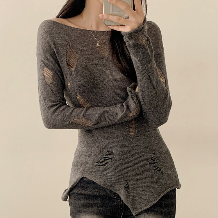 アンバランススリットスリムダメージニット GRAY