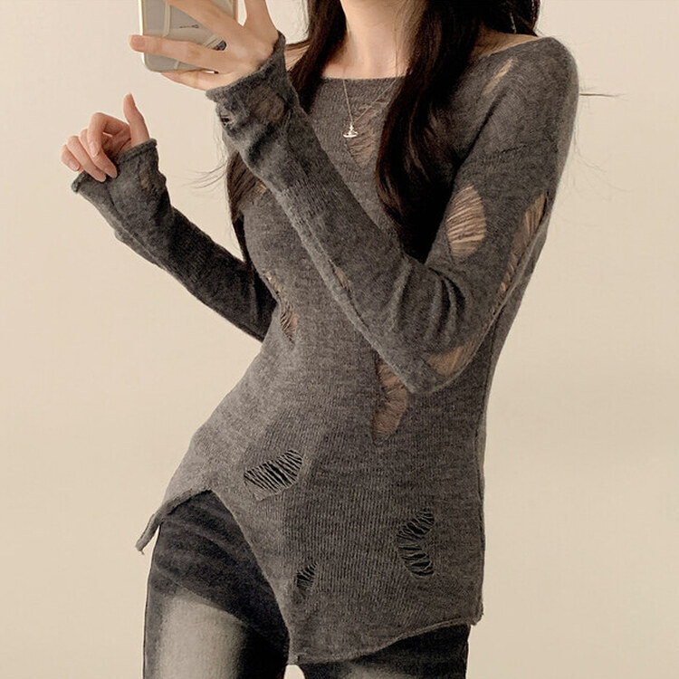 アンバランススリットスリムダメージニット GRAY
