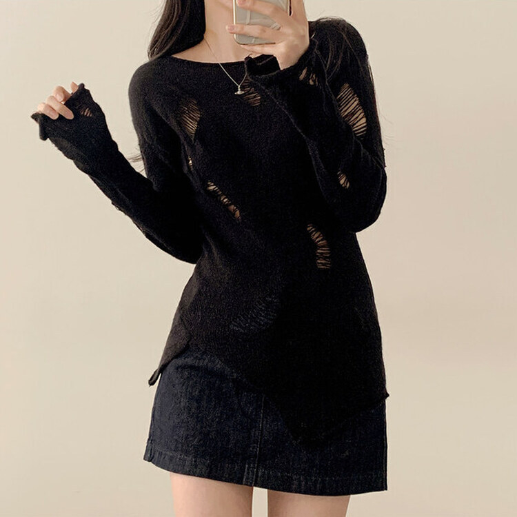 ニット アンバランススリットスリムダメージニット BLACK