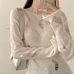 ニット アンバランススリットスリムダメージニット IVORY