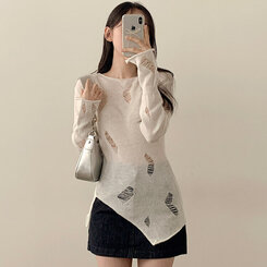 ニット アンバランススリットスリムダメージニット IVORY