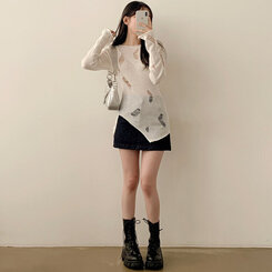 ニット アンバランススリットスリムダメージニット IVORY
