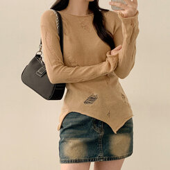 ニット アンバランススリットスリムダメージニット DEEP BEIGE
