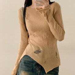 ニット アンバランススリットスリムダメージニット DEEP BEIGE
