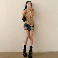 ニット アンバランススリットスリムダメージニット DEEP BEIGE