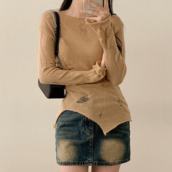 ニット アンバランススリットスリムダメージニット DEEP BEIGE