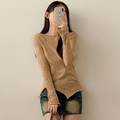 ニット アンバランススリットスリムダメージニット DEEP BEIGE
