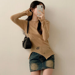 ニット アンバランススリットスリムダメージニット DEEP BEIGE