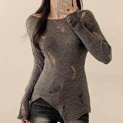 ニット アンバランススリットスリムダメージニット GRAY