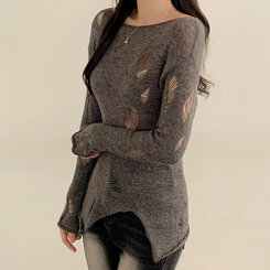 ニット アンバランススリットスリムダメージニット GRAY