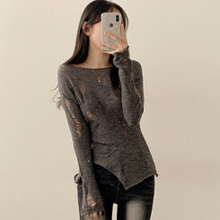 ニット アンバランススリットスリムダメージニット GRAY