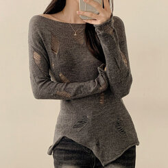 ニット アンバランススリットスリムダメージニット GRAY