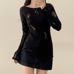 ニット アンバランススリットスリムダメージニット BLACK