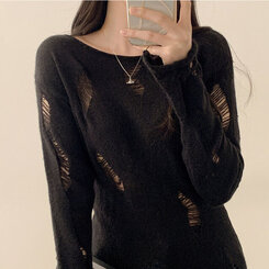 ニット アンバランススリットスリムダメージニット BLACK