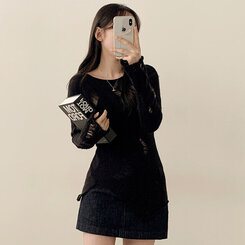 ニット アンバランススリットスリムダメージニット BLACK