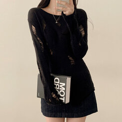 ニット アンバランススリットスリムダメージニット BLACK