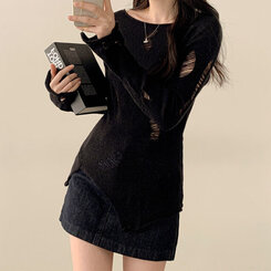 ニット アンバランススリットスリムダメージニット BLACK