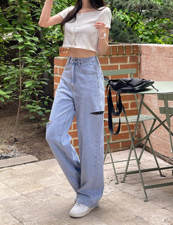 デニム 【SHORT/BASIC/LONG 丈別】カットデニムパンツ LIGHT BLUE