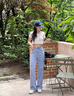 デニム 【SHORT/BASIC/LONG 丈別】カットデニムパンツ LIGHT BLUE